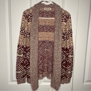 Pink Rose Aztec Open Front Cardigan Size Large Sweater Maroon Cream Western Red